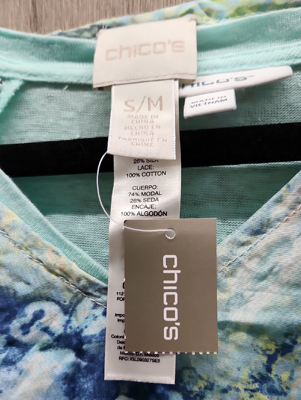 Chico's Sea Foam Green Multi-Color Abstract V-Neck Poncho. - Picture 2 of 12